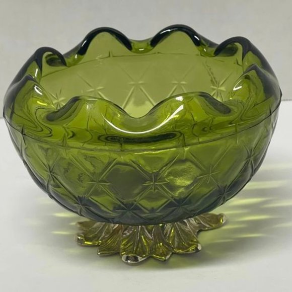 Vintage 6" Indiana Glass Green Duette Quilted Diamond Bowl With Metal Leaf Base - Picture 1 of 6